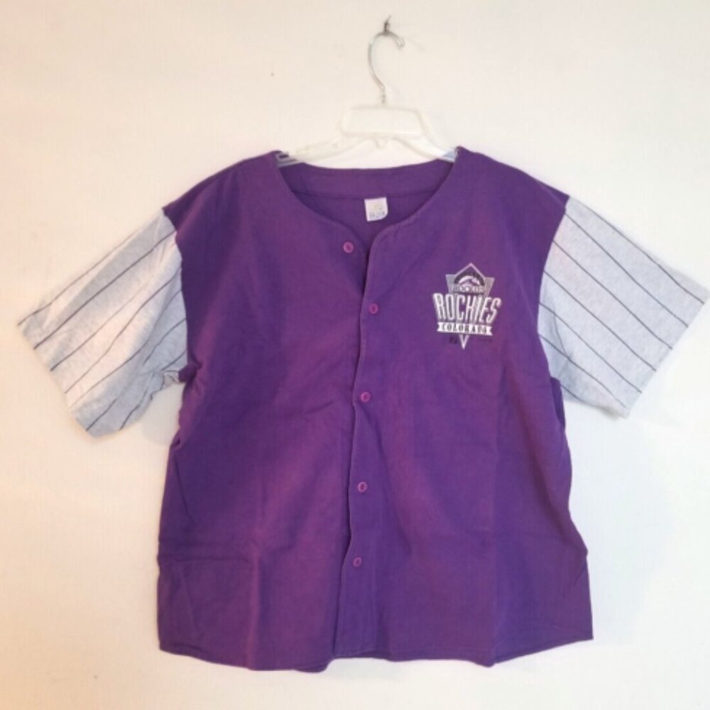 Vintage: Colorado Rockies - Men's Large Button Up Pinstripe Sleeves - MLB Shirt